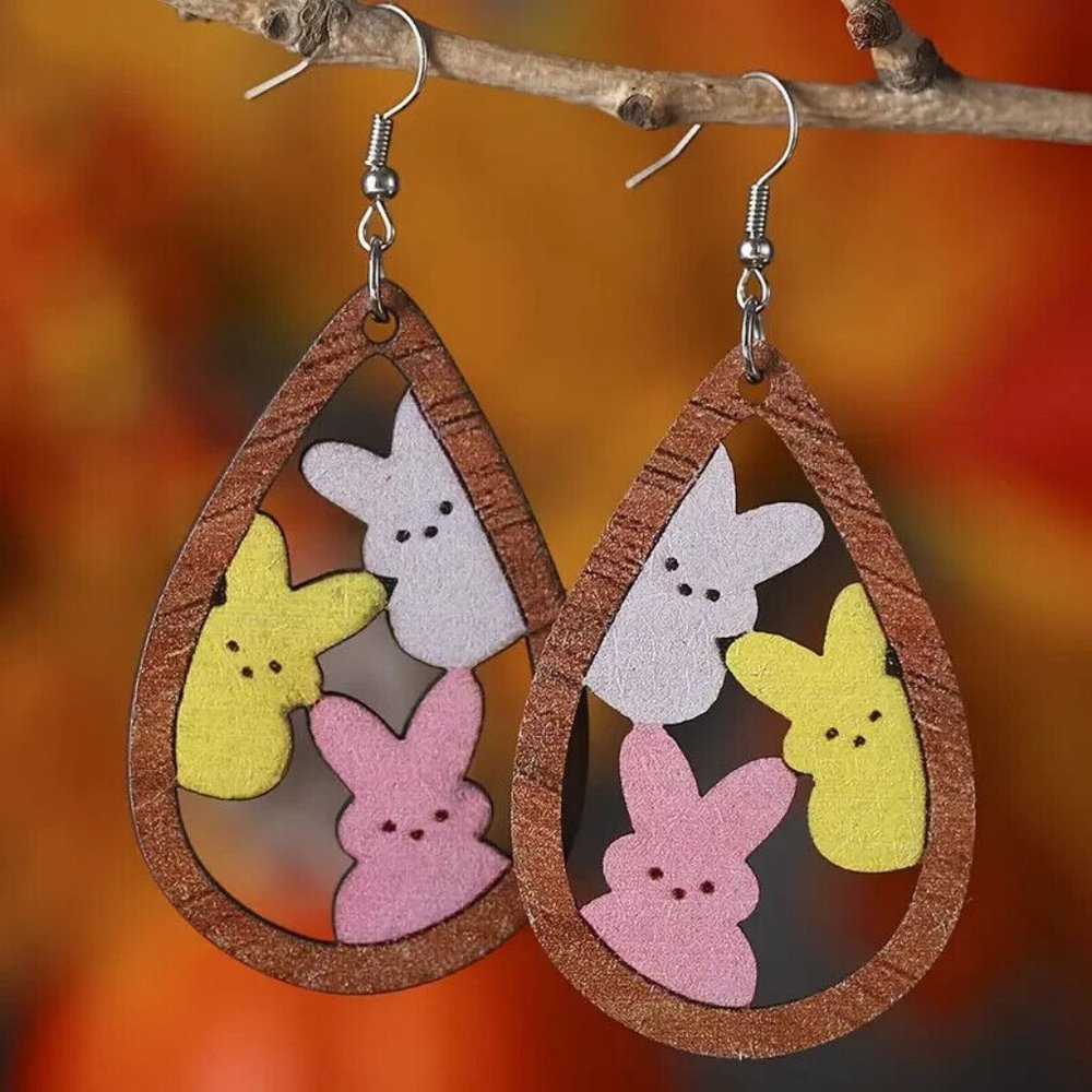 Easter Peeps Three Rabbit Waterdrop Shape Earrings Wooden